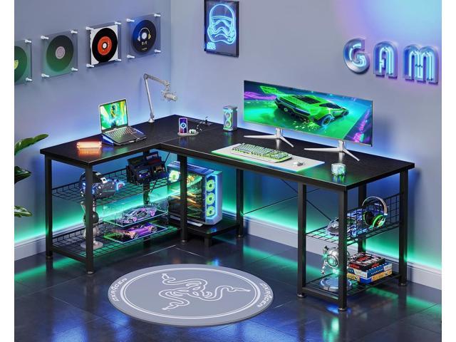 Casaottima 51 Inch L Shaped Gaming Desk with Shelves & Power Outlets, Reversible Computer Desk with Storage Shelves for Home Office, Black