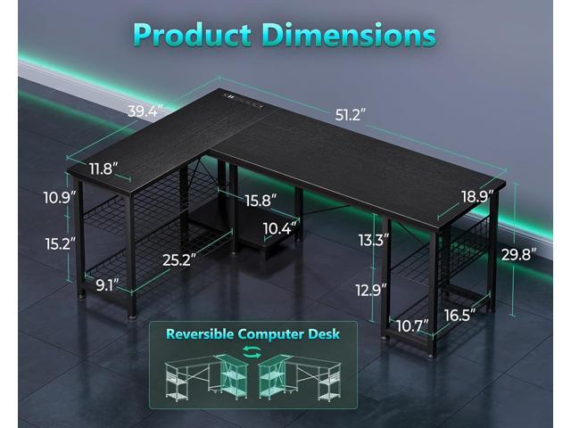 Casaottima 51 Inch L Shaped Gaming Desk with Shelves & Power Outlets, Reversible Computer Desk with Storage Shelves for Home Office, Black
