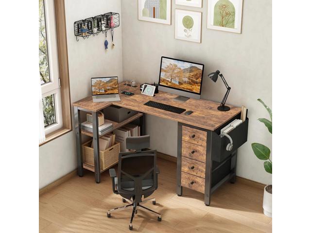 Lufeiya L Shaped Desk with Drawers & Storage Shelves, 47 Inch Small Reversible Corner Desk with Power Outlet for Home Office Bedroom, L-Shaped...
