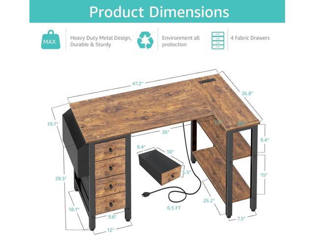 Lufeiya L Shaped Desk with Drawers & Storage Shelves, 47 Inch Small Reversible Corner Desk with Power Outlet for Home Office Bedroom, L-Shaped...