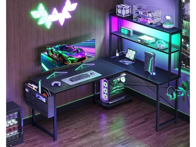 MOTPK L Shaped Gaming Desk with LED Light & Power Outlet, 53 Inch Reversible L Shaped Table with Shelves, Computer Desk with Storage Bag & Hook,...