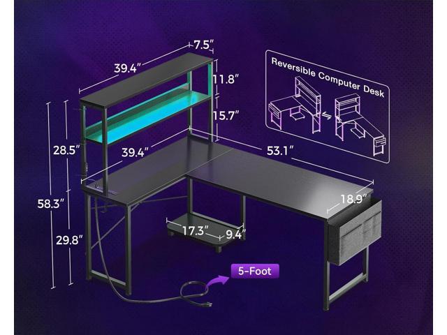 MOTPK L Shaped Gaming Desk with LED Light & Power Outlet, 53 Inch Reversible L Shaped Table with Shelves, Computer Desk with Storage Bag & Hook,...