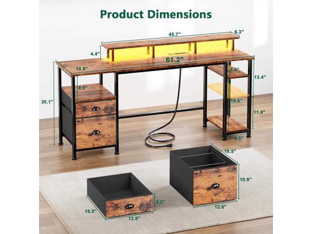 Furologee 61' Computer Desk with Power Outlet and LED Lights, Desk with Fabric File Cabinet Drawer, Large Reversible Table with Shelves and Monitor...