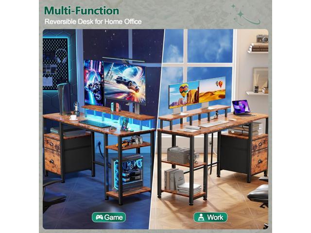Furologee 61' Computer Desk with Power Outlet and LED Lights, Desk with Fabric File Cabinet Drawer, Large Reversible Table with Shelves and Monitor...