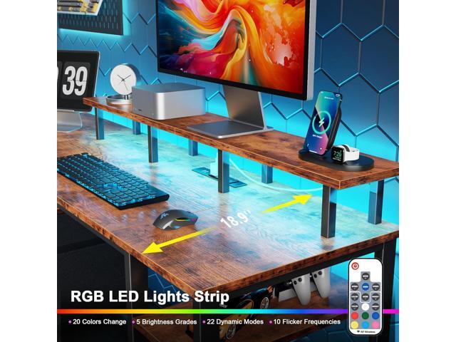 Furologee 61' Computer Desk with Power Outlet and LED Lights, Desk with Fabric File Cabinet Drawer, Large Reversible Table with Shelves and Monitor...