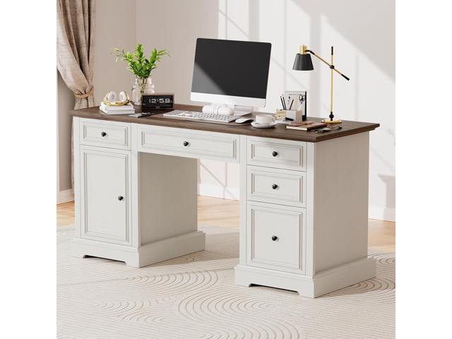 Vipbear 60' Executive Desk, Farmhouse Computer Desk with Drawers and File Cabinet, Embossed Texture Home Office Desks, Workspace for Work Study.