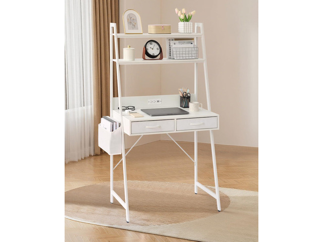 KATHY & BOB Small Home Office Study Desk - Freestanding Ladder Design with Fabric Drawers & Side Bag - Modern Vanity Makeup Desk - 2 Tier Shelf &...
