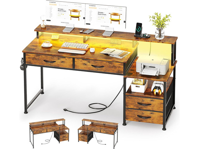 53' Computer Desk with 4 Drawers & Power Outlets, Reversible Home Office Desk with Monitor Stand & Printer Stand, Gaming Desks with Led Lights,...