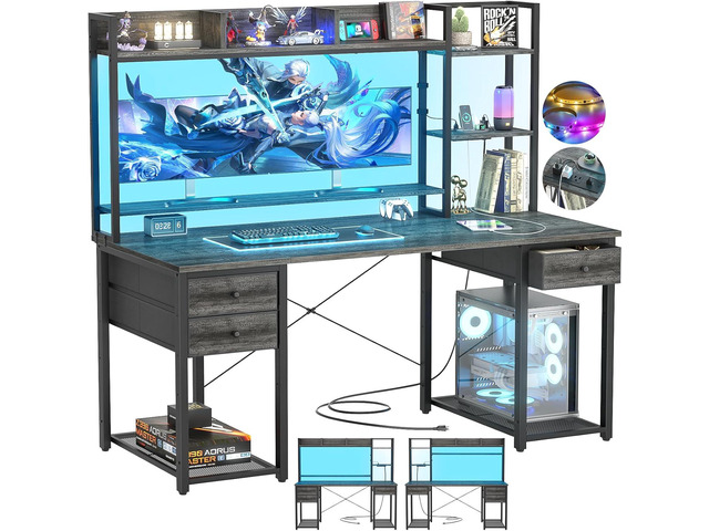 Aheaplus Gaming Desk With LED, Outlets, and Hutch - 55.2'' Computer Workstation With Drawers, Reversible Office Desk With Storage Bookshelf and...