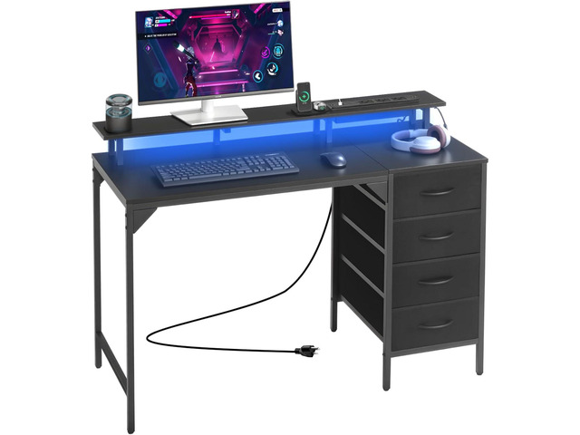 VEVOR 47' Computer Desk with LED Lights & Power Outlets, Gaming Table with 4 Large Drawers, Office Desk with Monitor Stand, Study Work Home Office,...