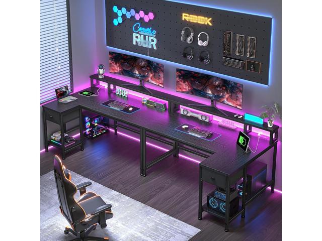 Gaming Desk with Drawers, 48' L Shaped Computer Desk with LED Lights & Power Outlet Reversible Office Desk with Monitor Stand Small Work Desk for...