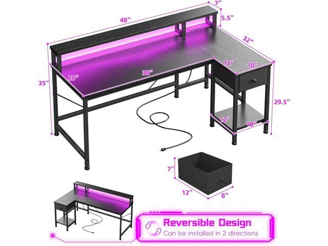 Gaming Desk with Drawers, 48' L Shaped Computer Desk with LED Lights & Power Outlet Reversible Office Desk with Monitor Stand Small Work Desk for...