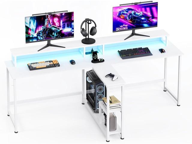 MUTUN Two Person Desk with LED Light, 83.7 Inch Computer Office Double Desk with Monitor Stand and Power Outlets, Rustic Writing Table Workstation.