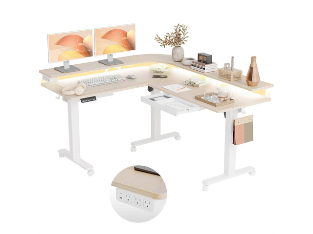 Claiks 63' L Shaped Standing Desk with Drawers and LED Lights, Height Adjustable Electric Corner Standing Desk with Monitor Stand & Power Outlet, 4...