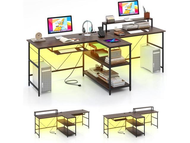 Tangkula 2-Person Reversible Computer Desk with LED Lights, 94.5 Long Office Desk with Power Outlets, Monitor Stand, Keyboard Tray & 2 Storage.