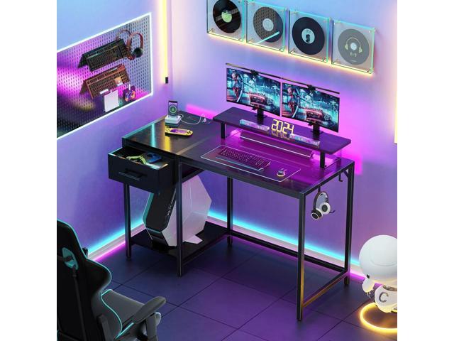 Lkeiyay Gaming Desk with LED Lights & Power Outlet, 47 inch Computer Desk with Drawers,Black Gamer Desk with Monitor Stand & Headphone Hook for...