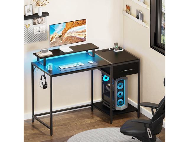 Lkeiyay Gaming Desk with LED Lights & Power Outlet, 47 inch Computer Desk with Drawers,Black Gamer Desk with Monitor Stand & Headphone Hook for...