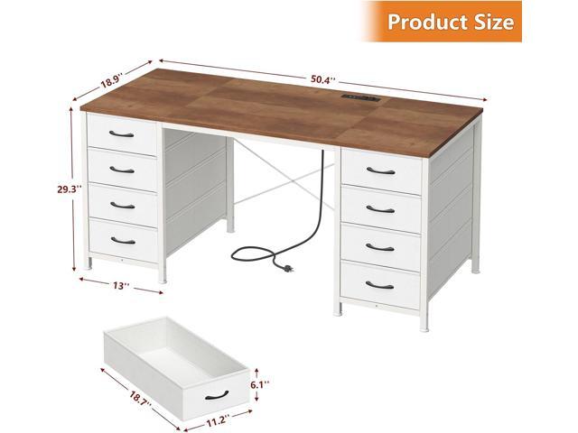 50 Inch Computer Desk with 8 Drawers, Home Office Desk with Power Outlets, Work Study Gaming Desk with 8 Fabric Drawers, Brown and White