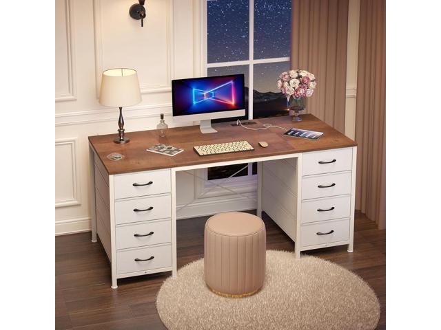 50 Inch Computer Desk with 8 Drawers, Home Office Desk with Power Outlets, Work Study Gaming Desk with 8 Fabric Drawers, Brown and White