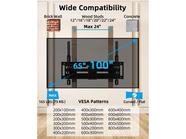 HOME VISION Full Motion Long Arm TV Wall Mount Bracket, Fits 75, 80, 85, 86, 98, 100 inch Flat or Curved TVs Up to 800x600 VESA & 165LBS, TV Mount...