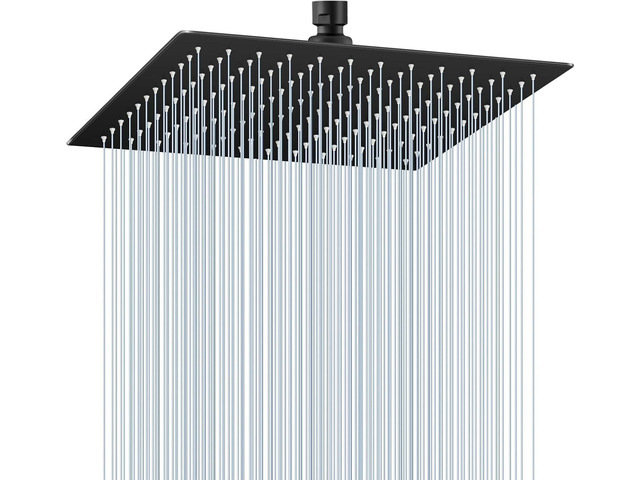 12 inch Matte Black Rain Shower Head - All Metal 304 Stainless Steel, Full Body Rainfall Shower with 144 Silicone Nozzles - Square Showerheads...