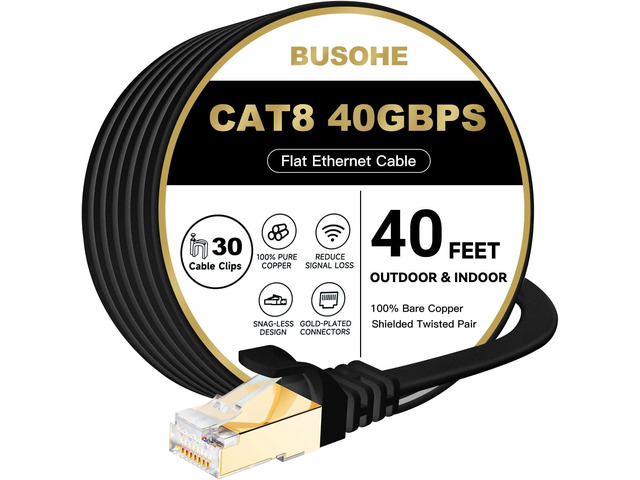 BUSOHE Cat 8 Ethernet Cable 40 FT, 40Gbps 2000MHz Cat8 High Speed Flat Internet Network Patch Cord, SFTP Shielded LAN Wire with Gold Plated RJ45...