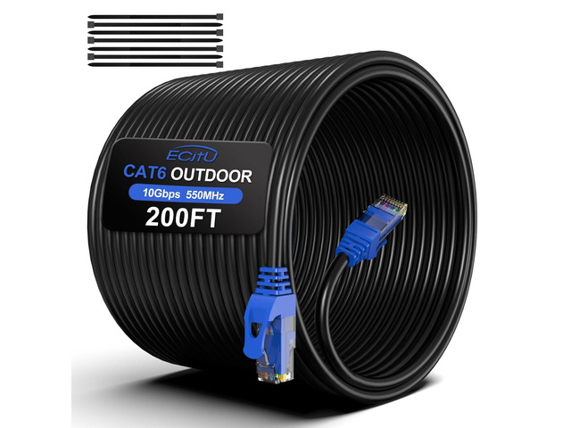 200FT Cat6 Outdoor Ethernet Cable, In-Ground, Heavy Duty Direct Burial, 24AWG CCA Patch Cord, POE, UTP, Waterproof, LLDPE UV Resistant, Network,...