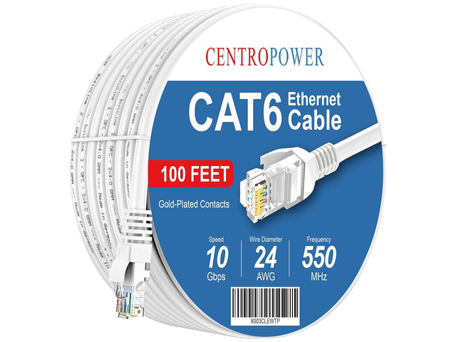 Cat 6 Ethernet Cable, 100 ft, 10Gbps LAN Internet Cord, White Outdoor & Indoor Cat6 Cable RJ45 for Computer, Router, Modem, PS4/5, Xbox, Gaming