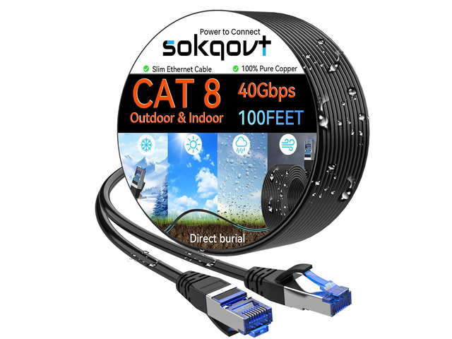 Cat 8 Ethernet Cable Slim 100ft Outdoor & Indoor, Pure Copper Cat8 Internet Cable for Waterproof & Direct Burial, Flexible Cat8 Ethernet Cable 40G...