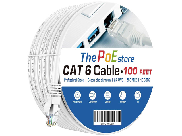 Cat 6 Ethernet Cable 100 ft, 24AWG 4-Pair Copper Wire 550MHz 10 Gbps, Indoor/Outdoor, Snagless Patch Cord White, High-Speed Cat6 LAN Cable for PC,...
