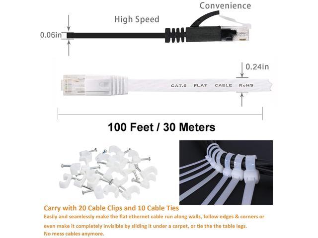 Ethernet Cable 100 ft 2 Pack Cat 6 Flat Cable Ethernet Cord, Slim Long Cat6 High Speed Computer Router Network LAN Patch Wire with Clips &...