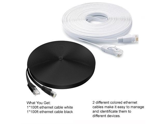 Ethernet Cable 100 ft 2 Pack Cat 6 Flat Cable Ethernet Cord, Slim Long Cat6 High Speed Computer Router Network LAN Patch Wire with Clips &...