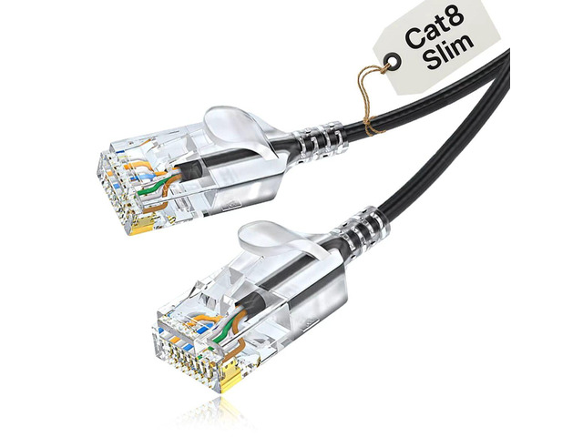 Elfcam - 8m/26.24ft Slim Cat 8 Ethernet Cable, LAN WAN Cable, Cat8 SFTP 32AWG, 2000Mhz 40Gbps with RJ45 Connectors, Black Round (8M)