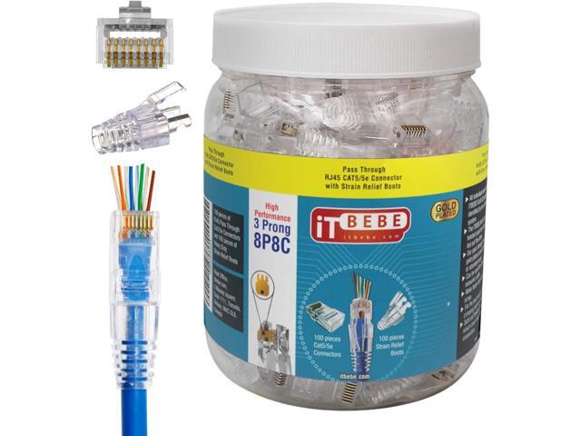 ITBEBE 100/100 RJ45 Cat5 Cat5e Pass Through Connectors for 24 AWG Cables - 100 Cat5e Passthrough Connector Ends and 100 RJ45 Connectors Clear.