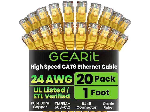GearIT Cat 6 Ethernet Cable (20-Pack 1 Foot) Cat6 Network Patch, 10Gbps, RJ45, Snagless Cord, Gold-Plated Connectors, Internet for PC, TV, Tablet,.