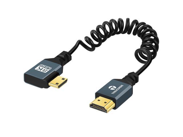 8K Left Angle Mini HDMI to HDMI Coiled Cable 3FT, 90 Degree HDMI to Mini HDMI Male to Male Spiral Cord, Support 8K@60Hz 4K@120Hz 48Gbps for.