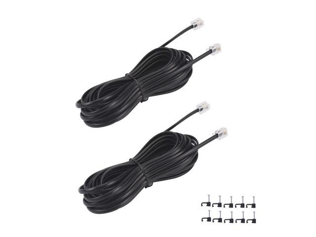 15FT Telephone Extension Cord Cable, Landline Phone Line Wire with RJ11 6P4C Plugs, Includes Cable Clips - Black - 2 Pack