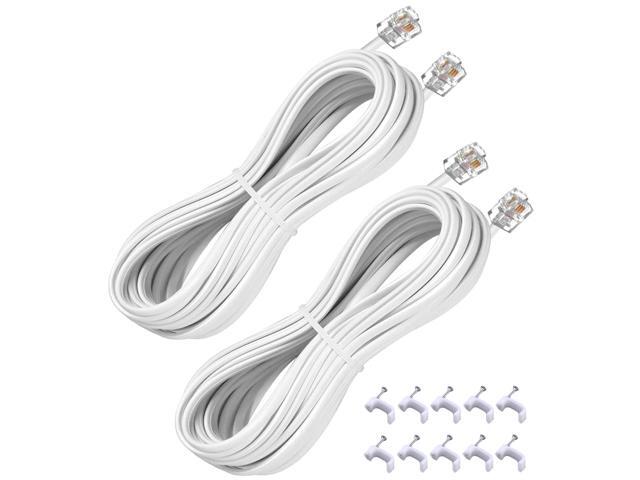 15FT Telephone Extension Cord Cable, Landline Phone Line Wire with RJ11 6P4C Plugs, Includes Cable Clips - White - 2 Pack