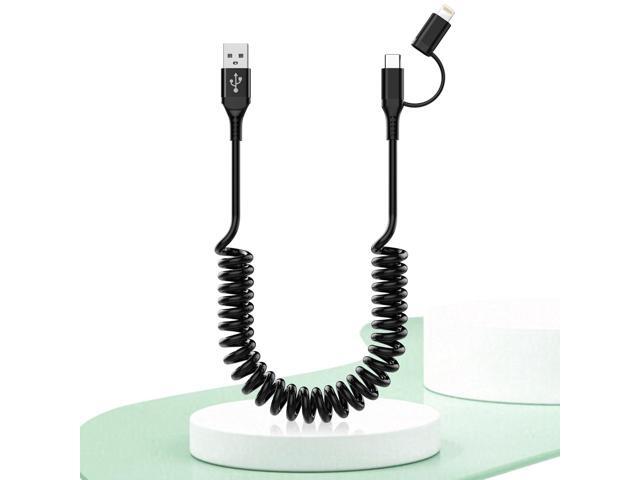 USB to USB-C and Lightning Cable 2 in 1 Support Apple Carplay & Android Auto [MFi Certified] 3A Fast Charge & Data Sync,Short Coiled Lightning and.
