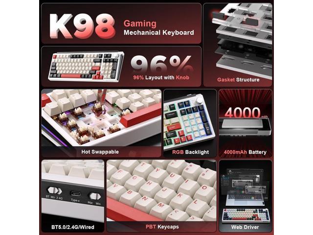 K98 Wireless Mechanical Keyboard,Tri-Mode BT5.0/2.4GHz/USB-C Hot Swappable Custom Keyboard,Gasket Structure,RGB Backlit Gaming Keyboard for Win &...