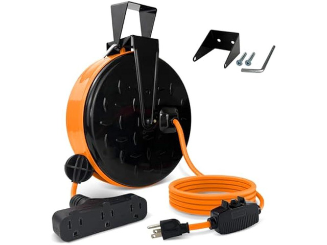 EP 30 Ft Retractable Extension Cord Reel, 16/3 SJTW Power Cord with 3 Electrical Outlets, Ceiling or Wall Mount, 10 Amp Circuit Breaker, Metal...