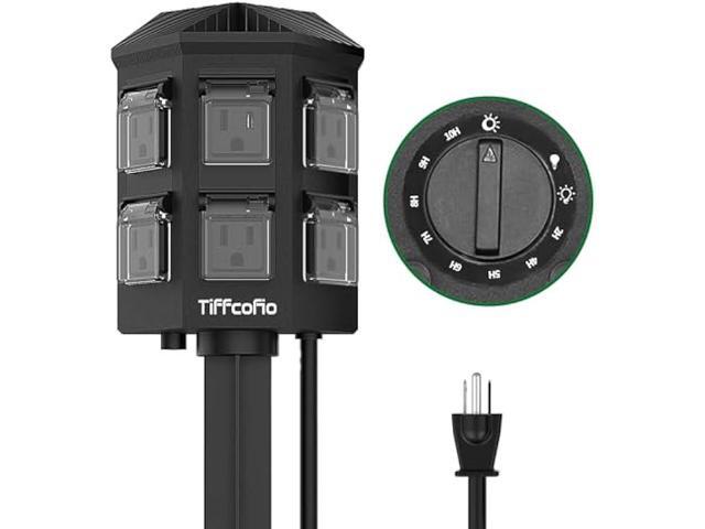 TiFFCOFiO Outdoor Power Strip Timer, Dusk to Dawn Light Sensor Countdown, 6 Feet Extension Cord Waterproof, 6 Grounded Outlets for Halloween and.