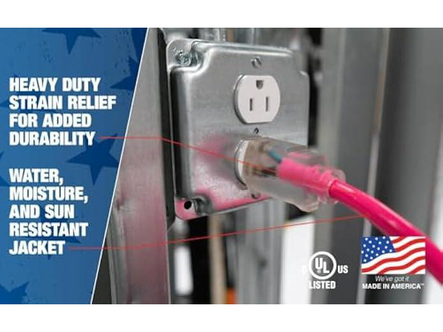 Southwire Heavy Duty Extension Cord, 50Ft, 12 Gauge, 3 Conductor, High Visibility Outdoor Cord, Lighted End, SJTW, Cool Pink, 2578SW000A