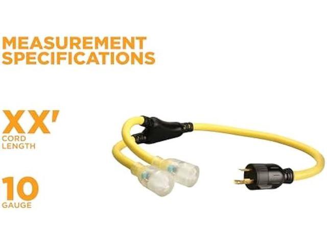 Coleman Cable 01915 3-Feet Generator Power Cord Adapter; 10/3 Splitter Y Adapter; L5-30P to (2) Lighted 5-20R
