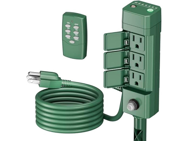 BN-LINK Outdoor Power Stake Timer, 100FT Wireless Remote Control, Dusk to Dawn Sensor for Outdoor Lights, 6 Grounded Outlets, 6ft Extension Cord,...