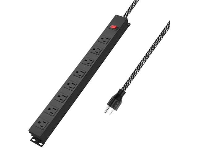 Metal 8 Outlet Mountable Power Strip with Switch,Wide Spaced Heavy Duty Wall Mount Power Strip Surge Protector 1200J,10FT 14AWG Braided Cord 15A...