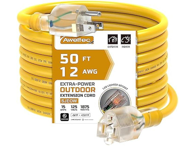 Outdoor 12/3 Extension Cord 12AWG 50FT 15Amp 1875Watts, TPE Rubber SJEOW (-58°F to +221°F) Lighted Power Cord, Yellow, UL Certified (50ft/15.24m)