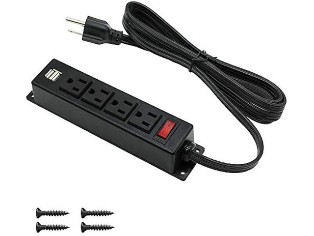 Mountable Power Strip with USB Ports,Wall Mount Power Outlets Screw Down Power Socket in Desk Under Cabinet Power Station 4AC Outlet 2 USB 6.56...