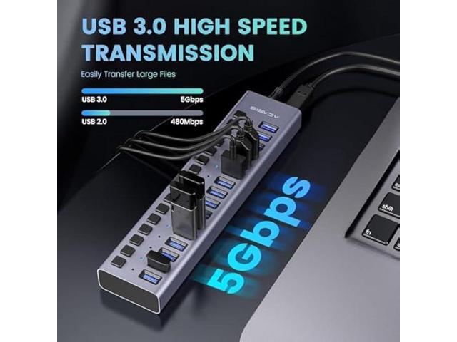 90W Powered USB Hub - ACASIS 16 Ports USB 3.0 Data Port, Aluminum Housing, Individual On/Off Switches, 12V/7.5A Power Adapter, USB Splitter for...