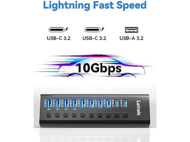 Powered USB Hub 3.2, LEINSIS 10-Port USB 3.2/USB C Hub (10Gbps USB-A 3.2 +2 USB-C 3.2 +7 USB 3.0 Ports) with Individual On/Off Switches and 12V...